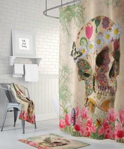 Sugar Skull Shower Curtain | Day of the Dead Retro Boho Hippie Skull Design | Vintage Bath Set