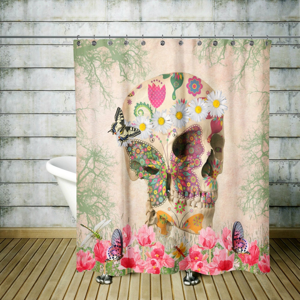 Sugar Skull Shower Curtain | Day of the Dead Retro Boho Hippie Skull Design | Vintage Bath Set - Image 2