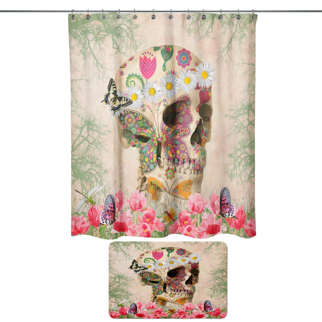 Sugar Skull Shower Curtain | Day of the Dead Retro Boho Hippie Skull Design | Vintage Bath Set - Image 3