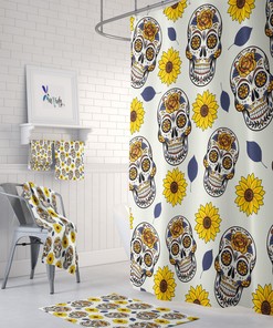 Sugar Skull Sunflower Print Shower Curtain, Optional Towels and Bath Mat