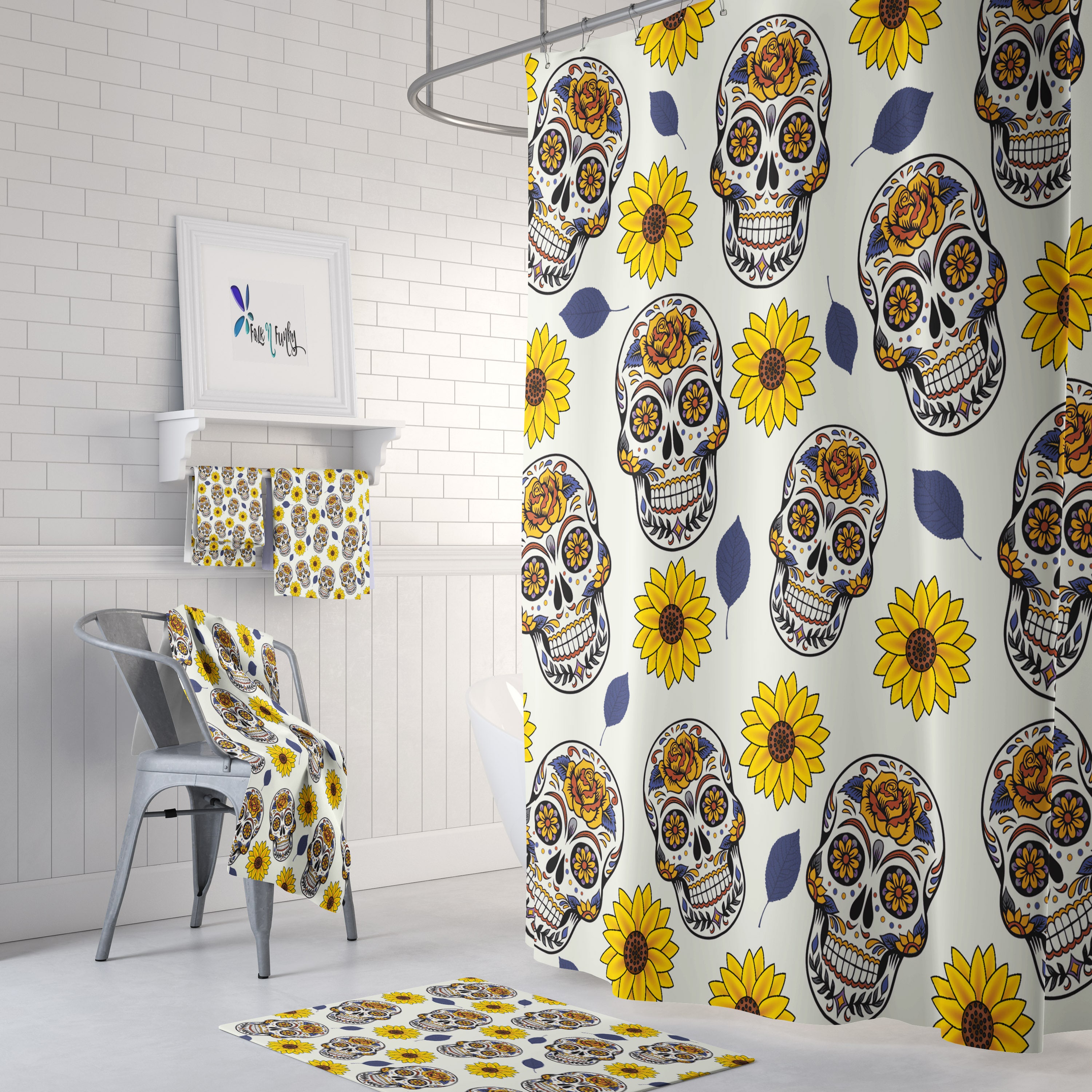 Sugar Skull Sunflower Print Shower Curtain, Optional Towels and Bath Mat