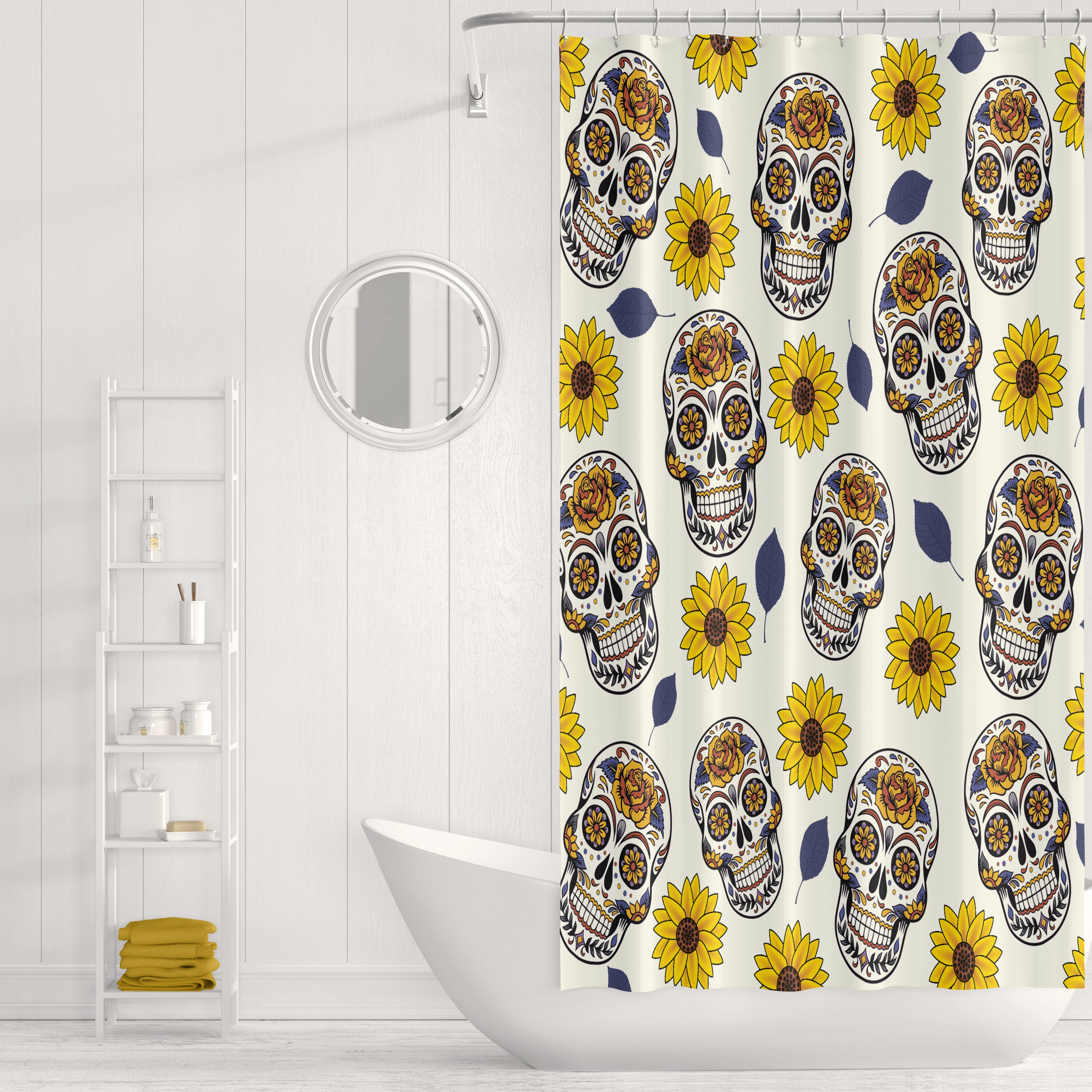 Sugar Skull Sunflower Print Shower Curtain, Optional Towels and Bath Mat - Image 2