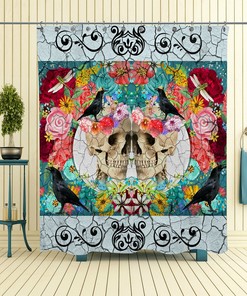 Sugar Skull and Crackled Floral Crows Skulls Shower Curtain - Dark Bath Curtain with Matching Towels