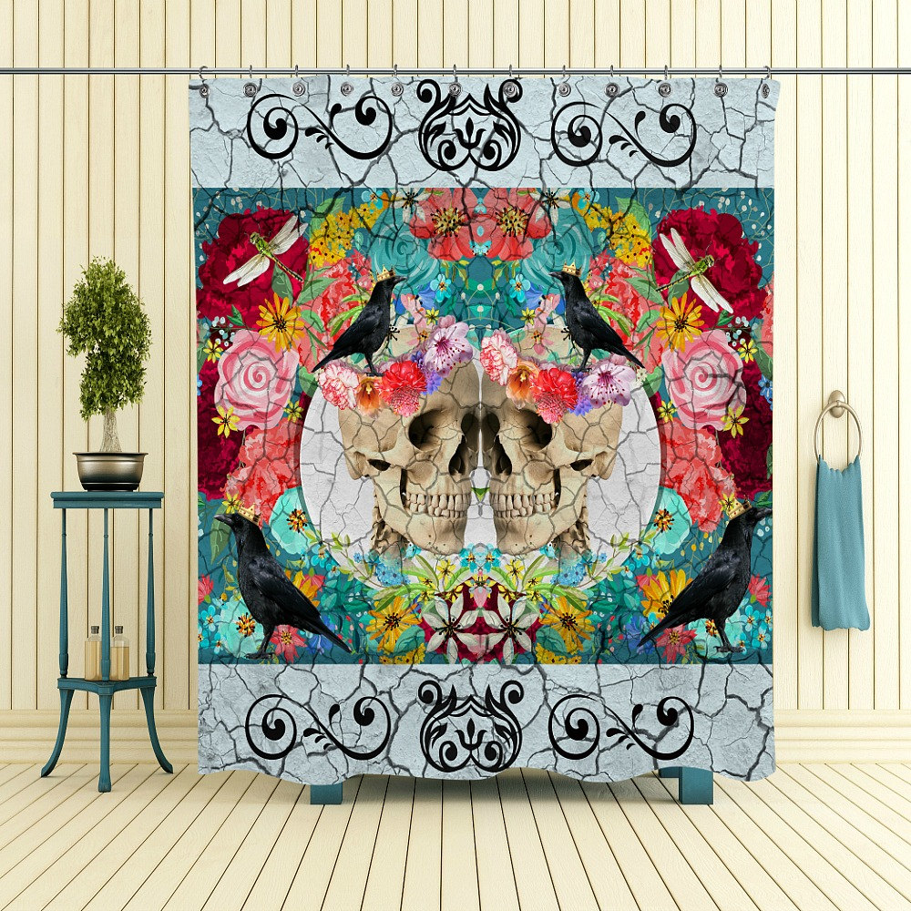 Sugar Skull and Crackled Floral Crows Skulls Shower Curtain - Dark Bath Curtain with Matching Towels