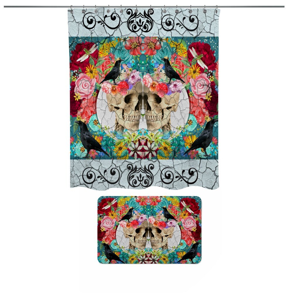 Sugar Skull and Crackled Floral Crows Skulls Shower Curtain - Dark Bath Curtain with Matching Towels - Image 2