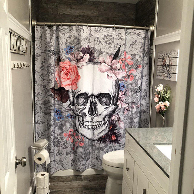 Sugar Skull and Day of the Dead Floral Shower Curtain - Spooky Bath Curtain with Lace-Tech Bath Mat Bathroom Decor - Image 2