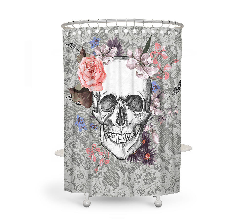 Sugar Skull and Day of the Dead Floral Shower Curtain - Spooky Bath Curtain with Lace-Tech Bath Mat Bathroom Decor - Image 3