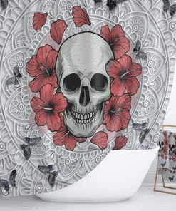 Sugar Skull and Poppies Floral Shower Curtain - Gothic Bath Curtain with Skull