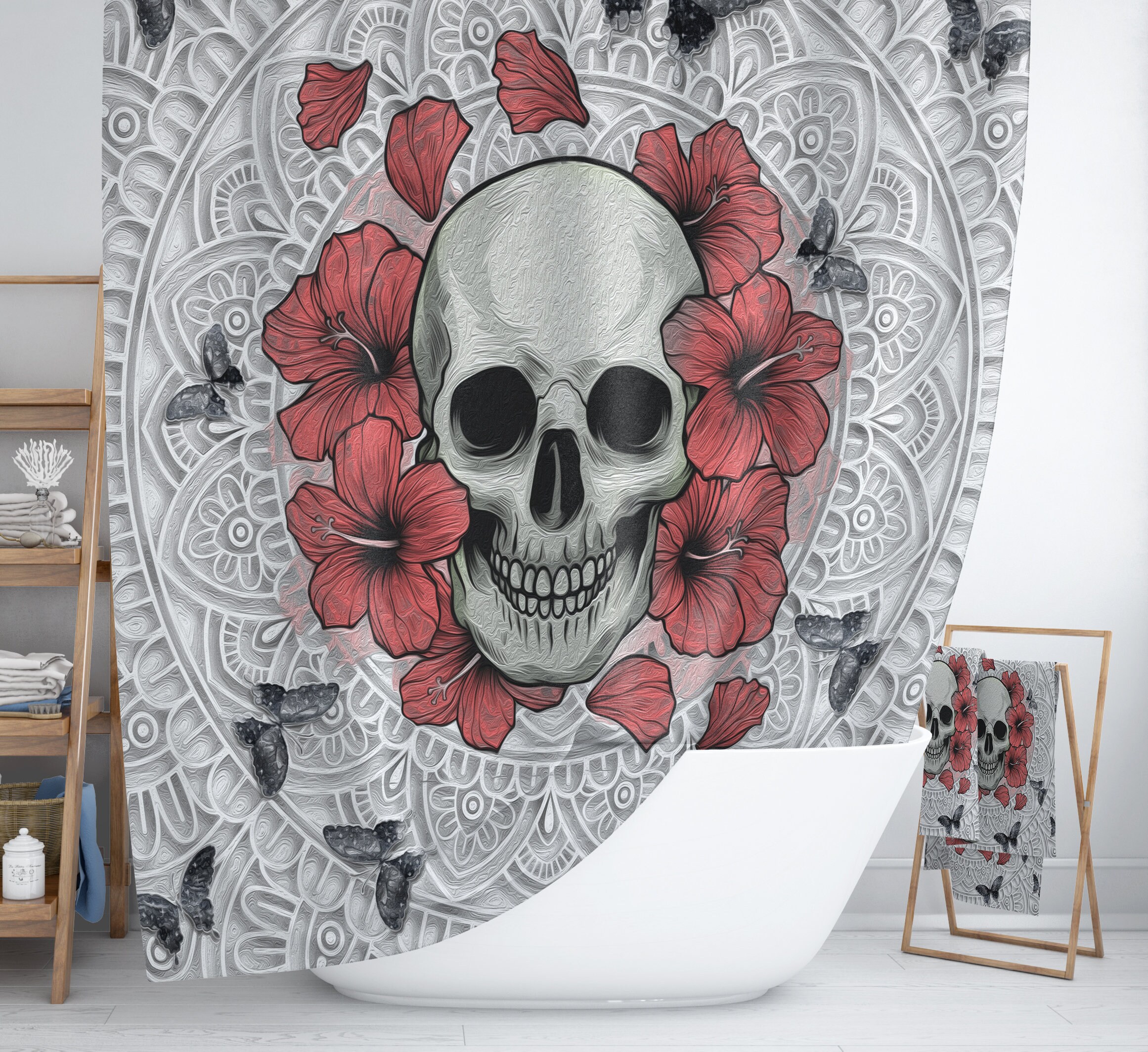Sugar Skull and Poppies Floral Shower Curtain - Gothic Bath Curtain with Skull