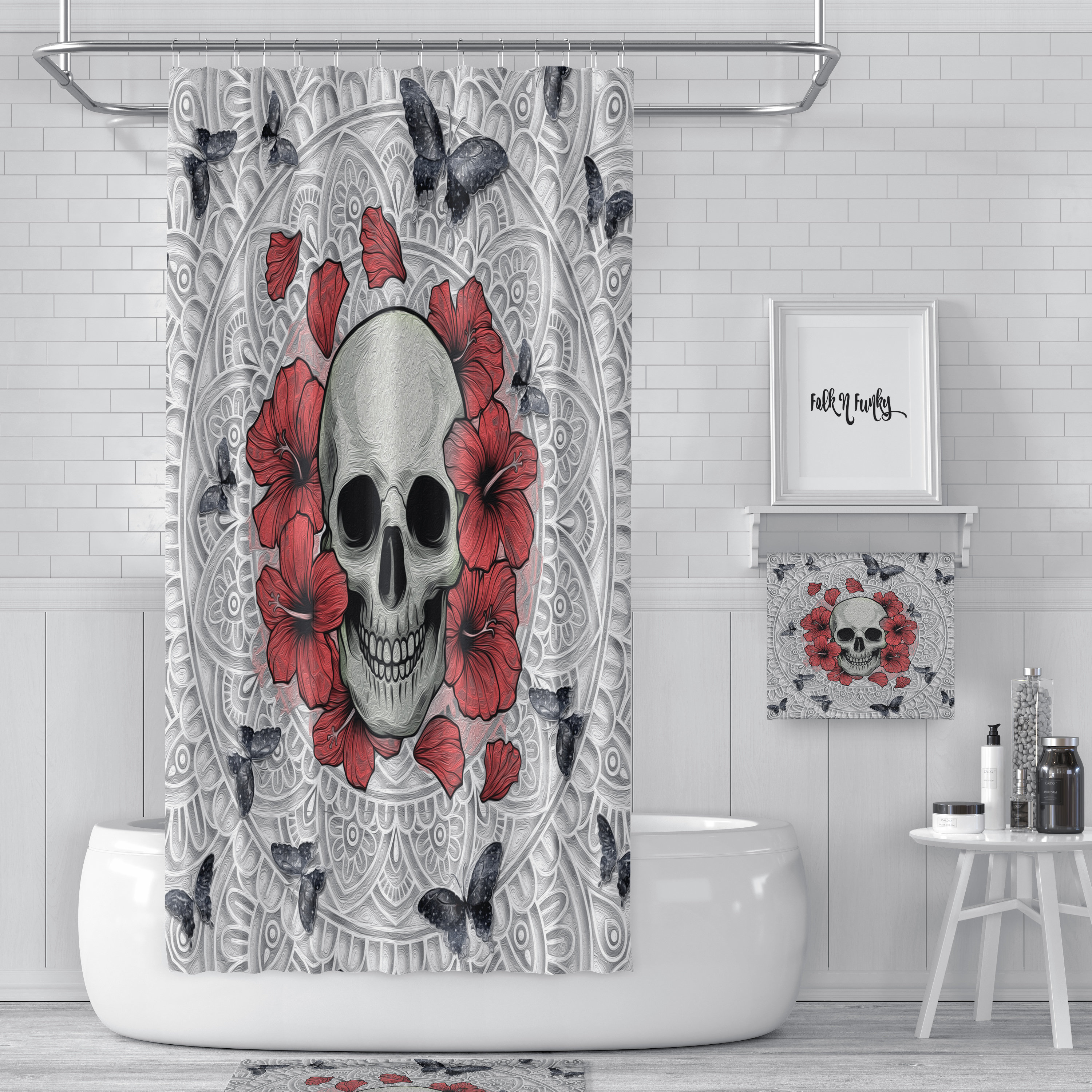 Sugar Skull and Poppies Floral Shower Curtain - Gothic Bath Curtain with Skull - Image 2