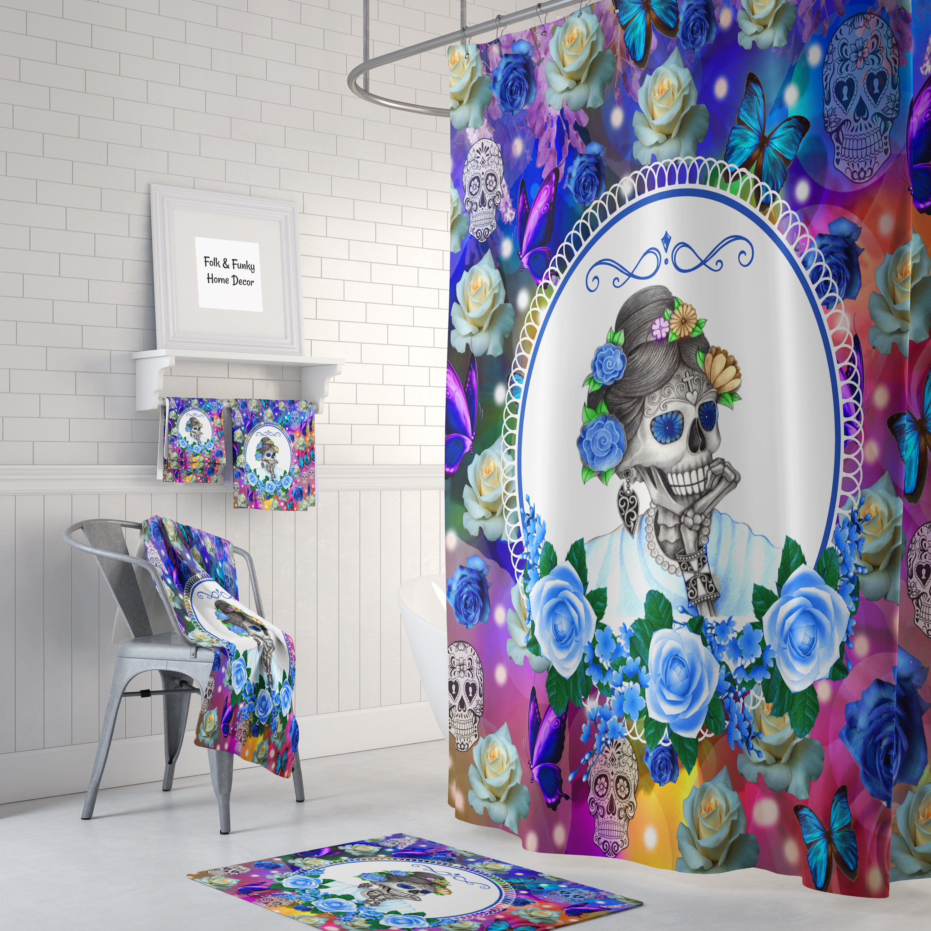 Sugar Skulls Day Of The Dead Blue Rose Miss Annie Shower Curtain Set with Optional Bath Mat and Towels for a Romantic