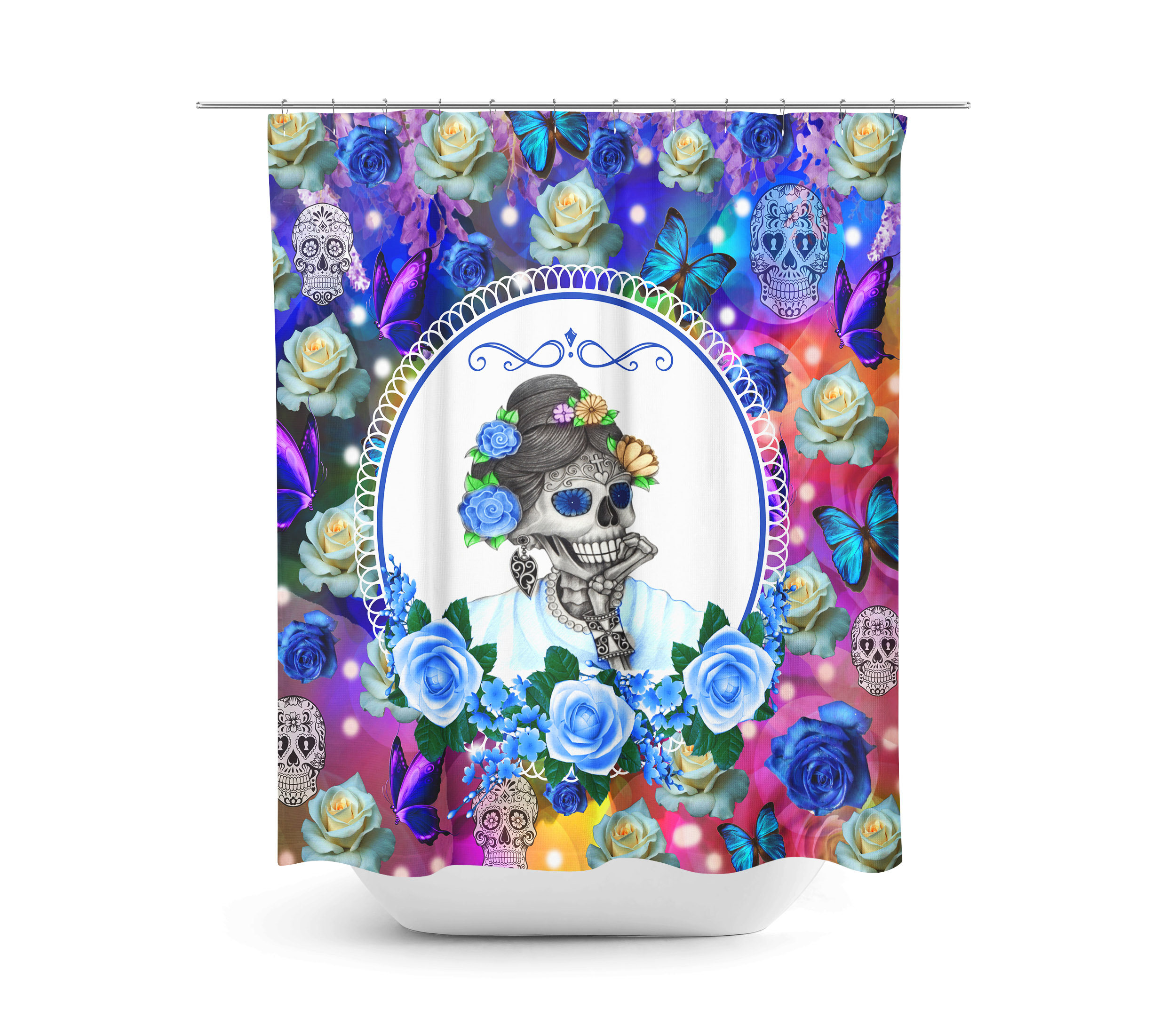 Sugar Skulls Day Of The Dead Blue Rose Miss Annie Shower Curtain Set with Optional Bath Mat and Towels for a Romantic - Image 2