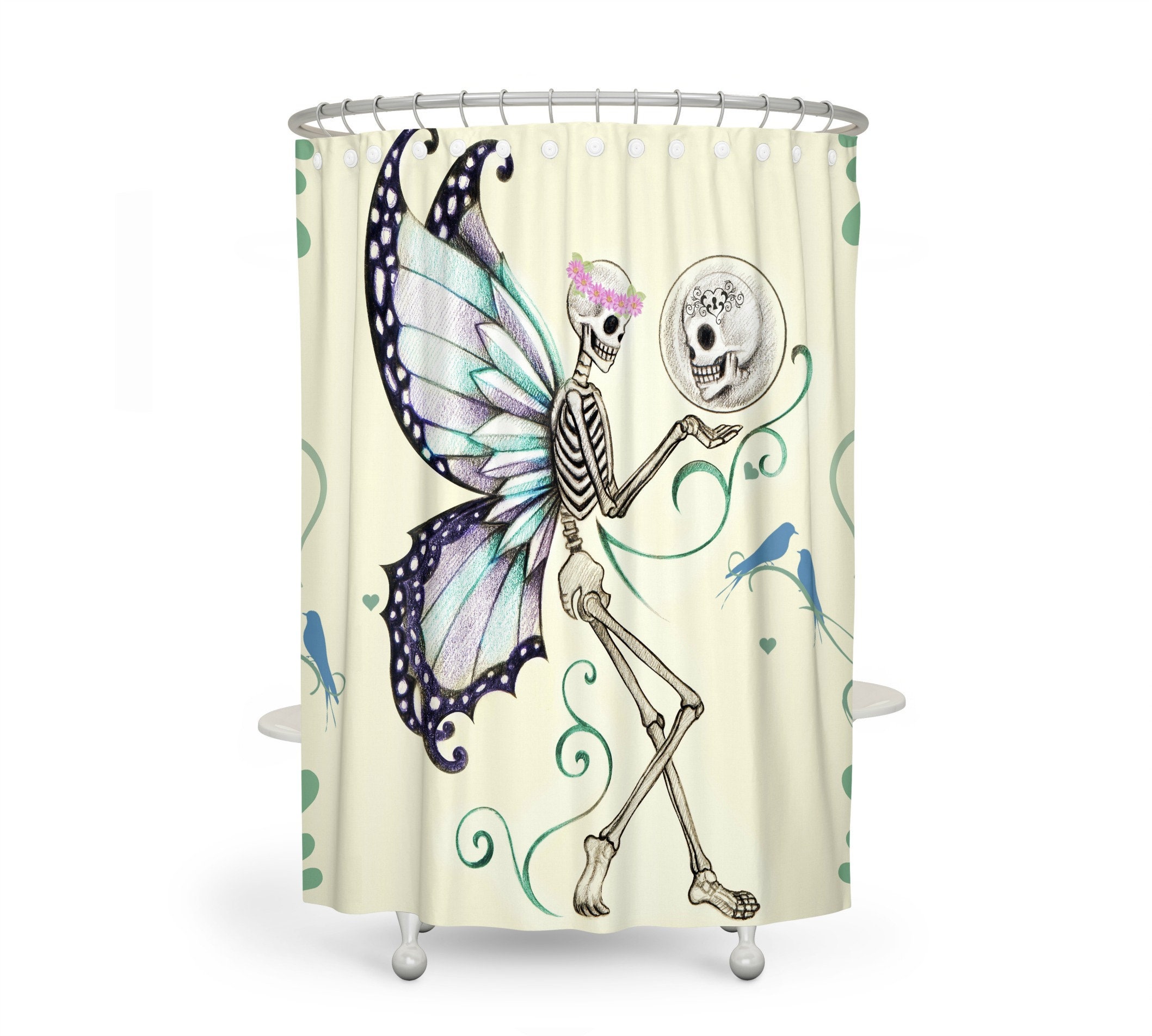 Sugar Skulls Day Of The Dead Pale Yellow Butterfly Skull Shower Curtain Set with Let's Talk It Over Quote for a Romantic - Image 2