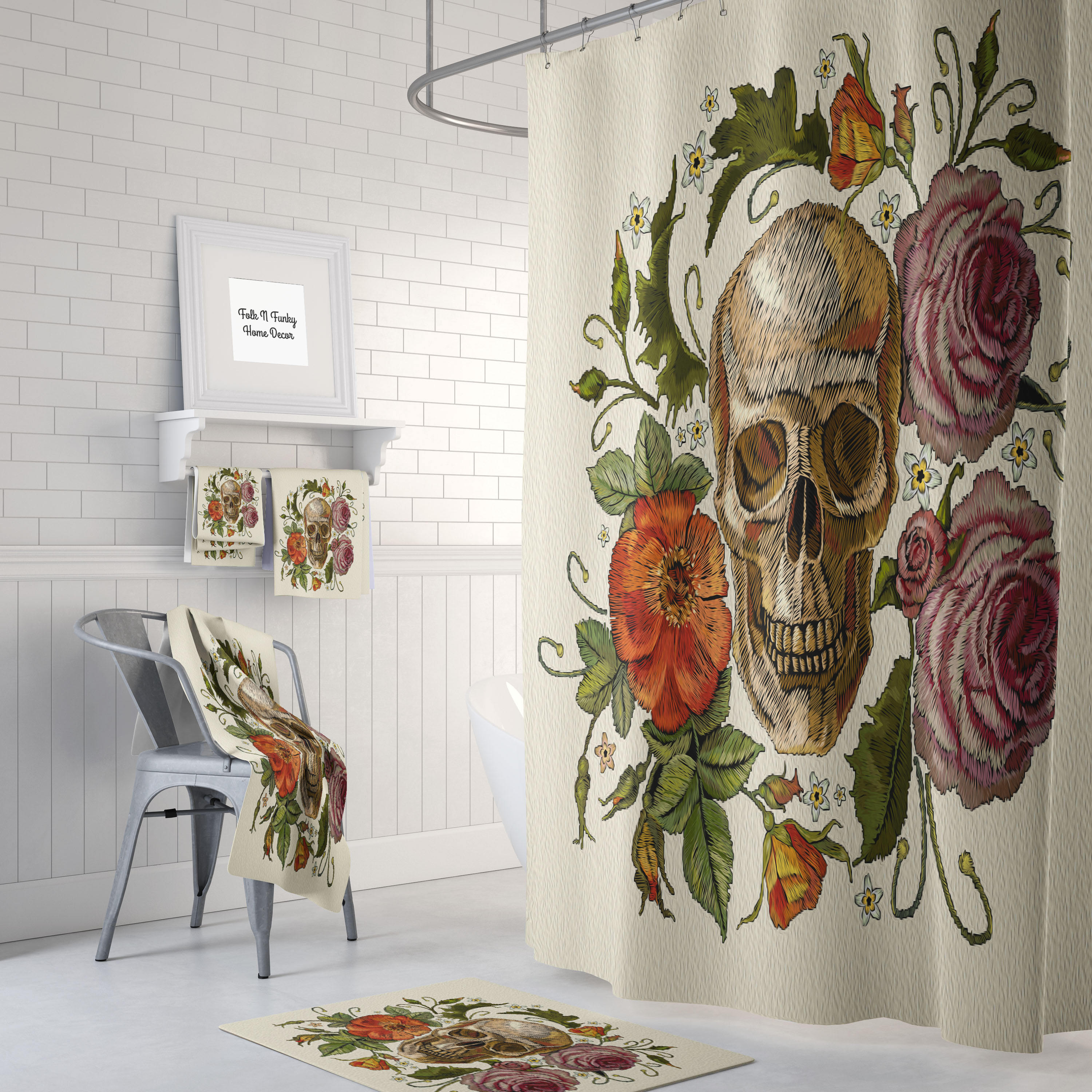 Sugar Skulls Day Of The Dead Poppies and Roses Shower Curtain Set for a Romantic and Gothic Bathroom Decor