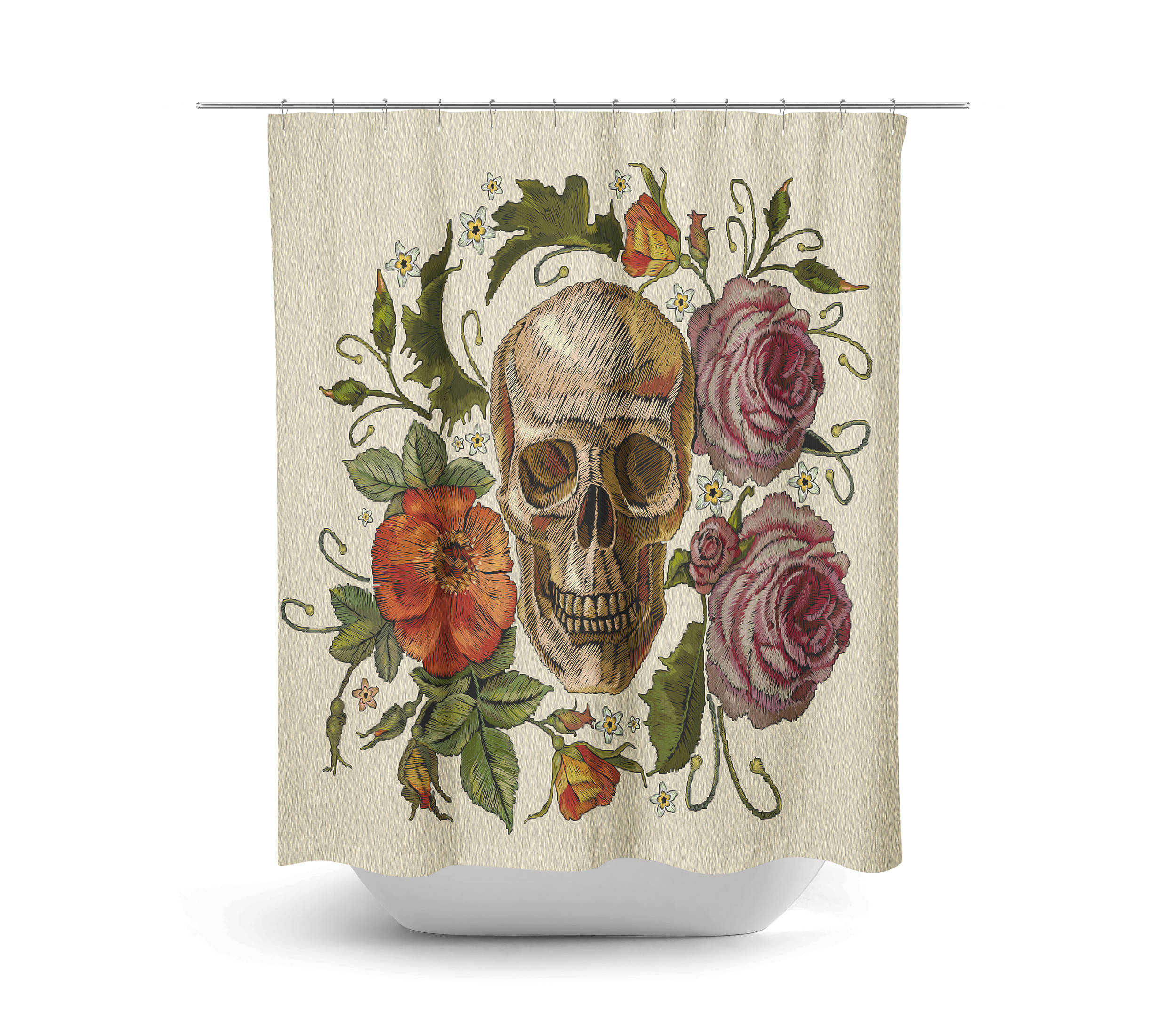 Sugar Skulls Day Of The Dead Poppies and Roses Shower Curtain Set for a Romantic and Gothic Bathroom Decor - Image 2