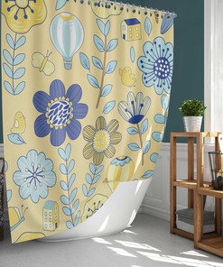 Summer Flowers Shower Curtain | Botanical Tropical Floral Farm Birds | Fabric Bathroom Curtain Set | Home Bath Decor