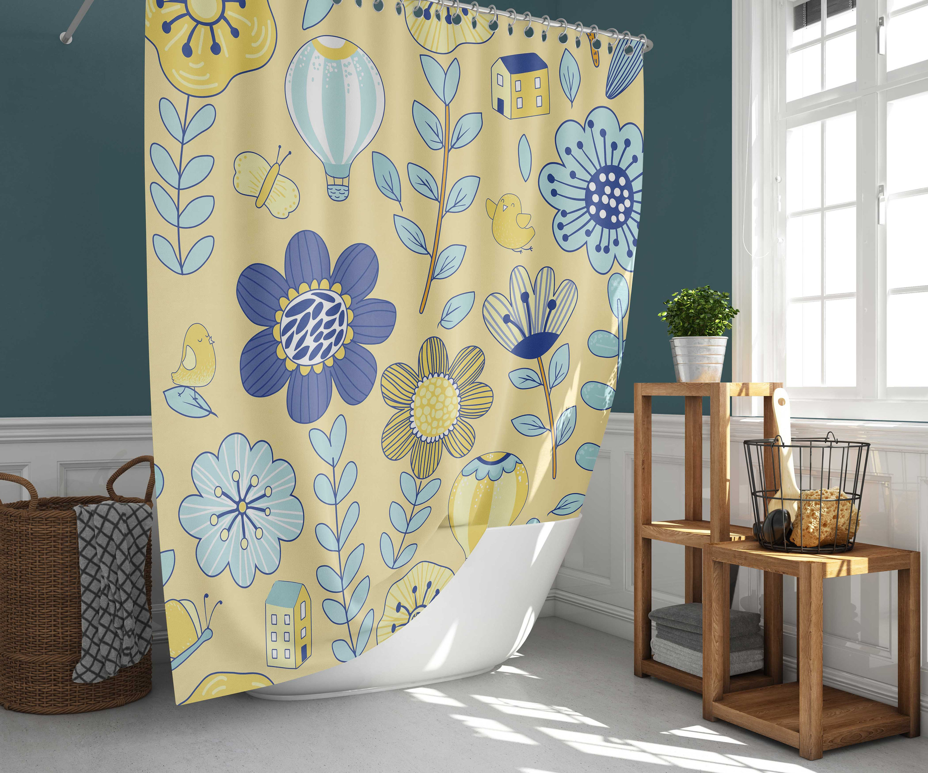 Summer Flowers Shower Curtain | Botanical Tropical Floral Farm Birds | Fabric Bathroom Curtain Set | Home Bath Decor