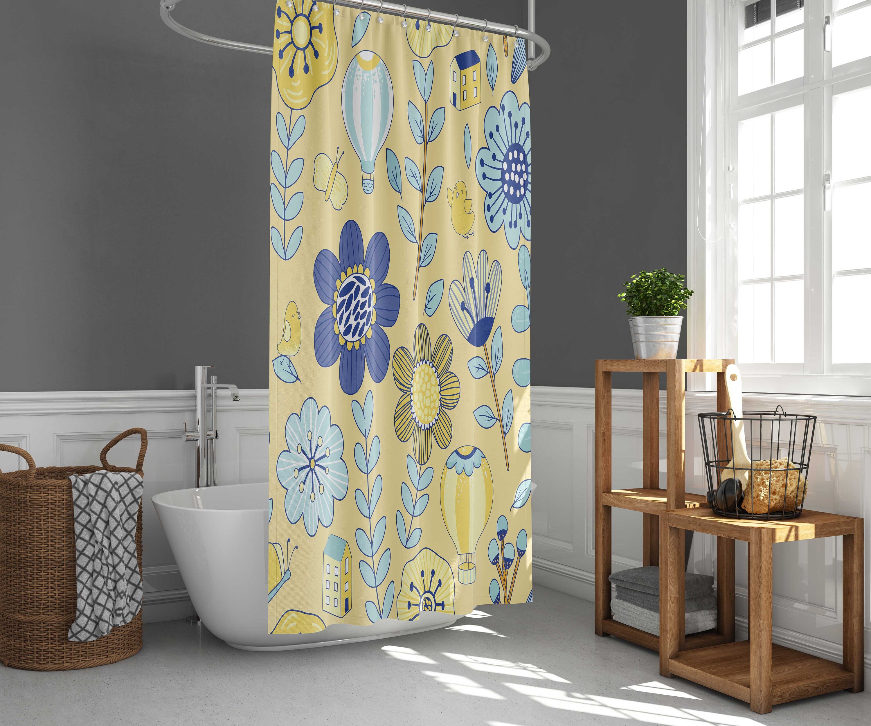 Summer Flowers Shower Curtain | Botanical Tropical Floral Farm Birds | Fabric Bathroom Curtain Set | Home Bath Decor - Image 2