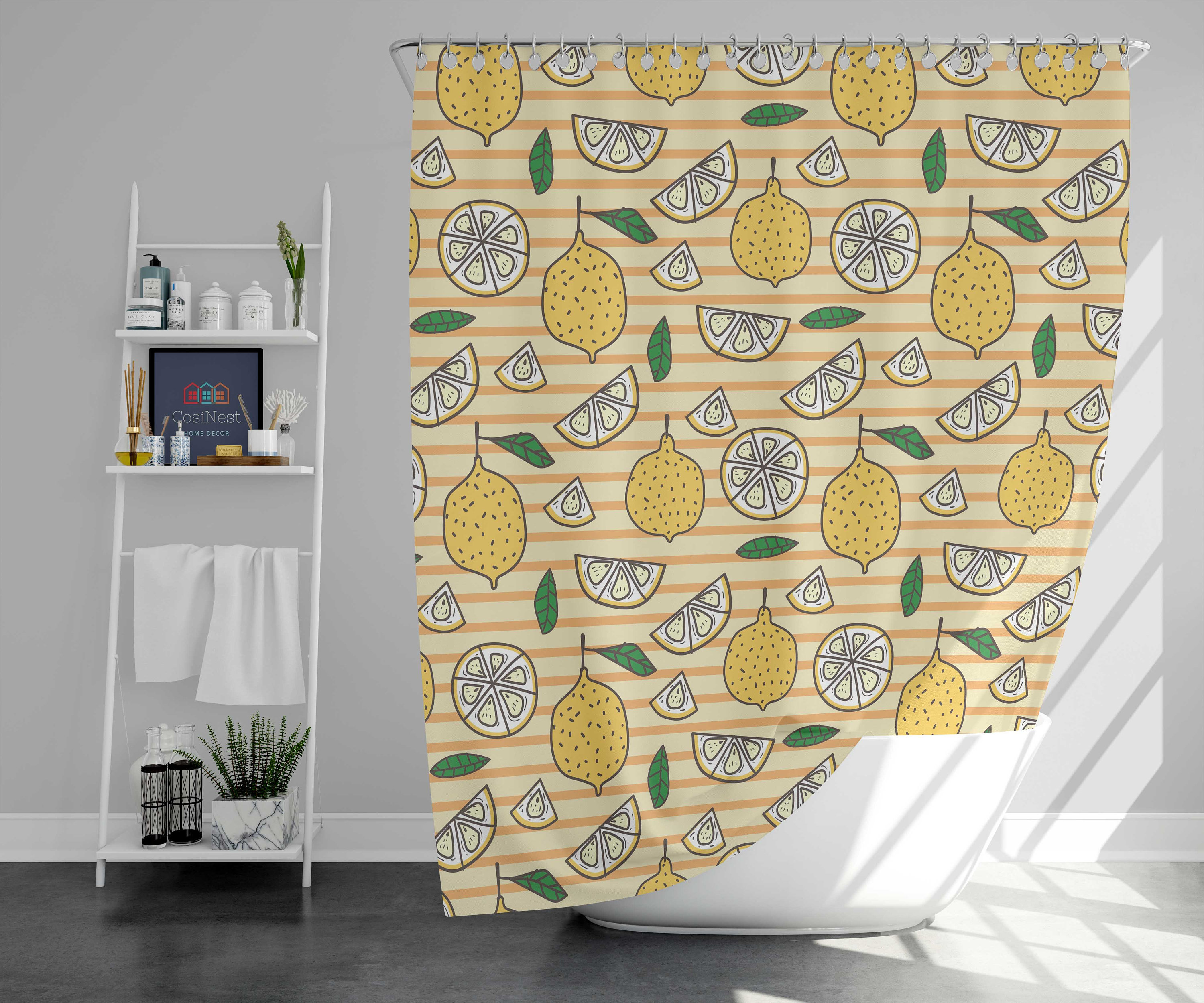 Summer Lemonade fruit Shower Curtain | Yellow lemon green leaves Bath Decor House warming Gift