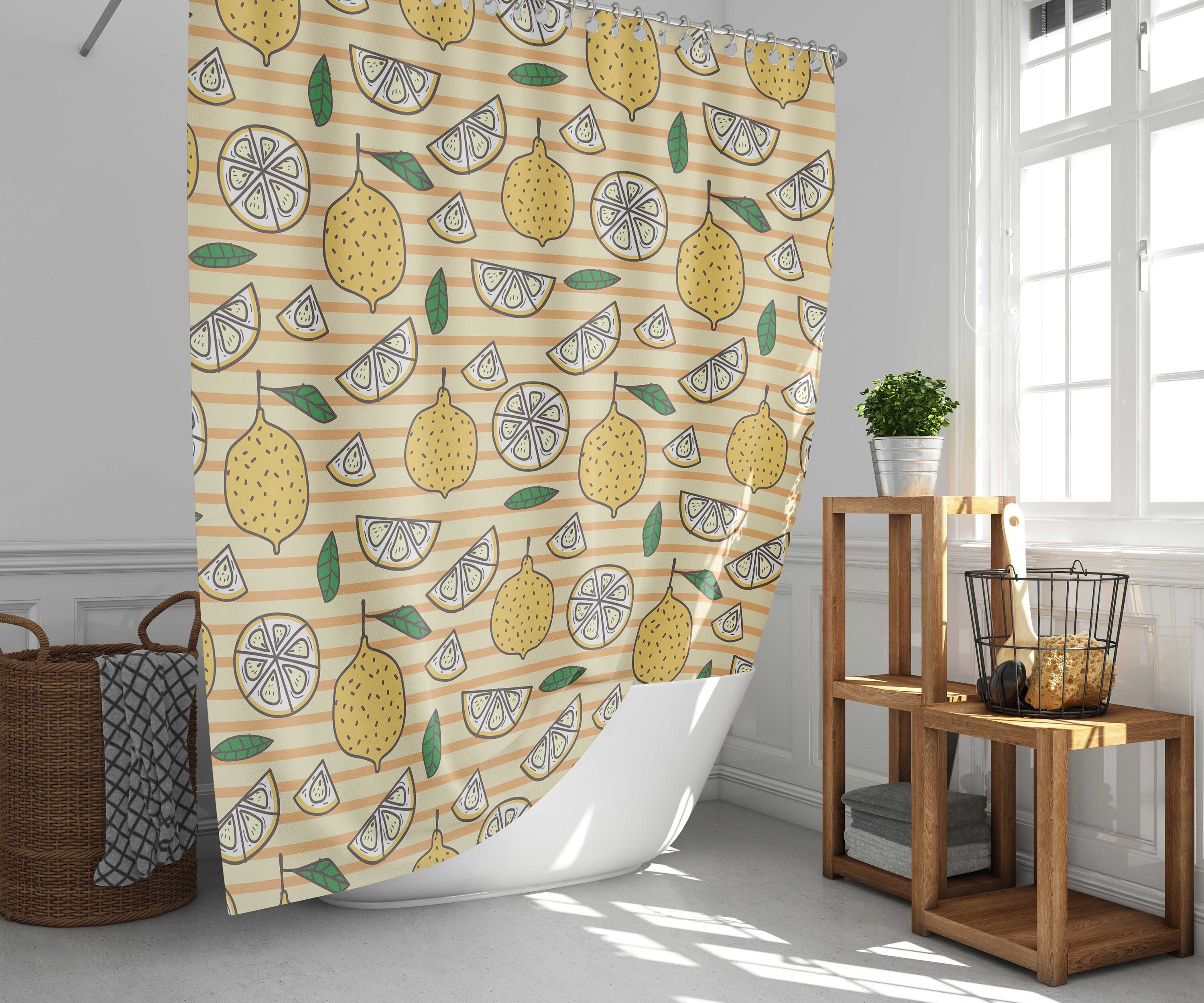 Summer Lemonade fruit Shower Curtain | Yellow lemon green leaves Bath Decor House warming Gift - Image 2
