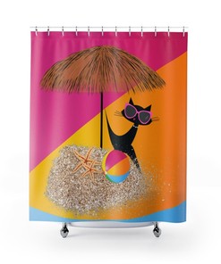 Summer Vibes Retro Mid Mod Shower Curtain with Tiki Umbrella, Atomic Mod Cat, Groovy Beach Ball