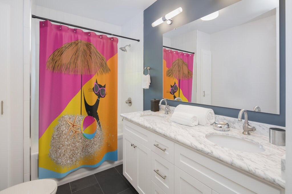 Summer Vibes Retro Mid Mod Shower Curtain with Tiki Umbrella, Atomic Mod Cat, Groovy Beach Ball - Image 2