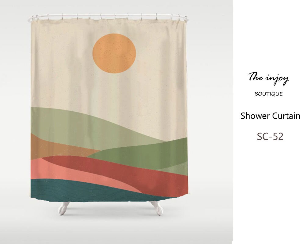 Sun and Montain Cream Sky Field Shower Curtain - Modern Art Landscape Design - Waterproof Heavy Quality Curtains