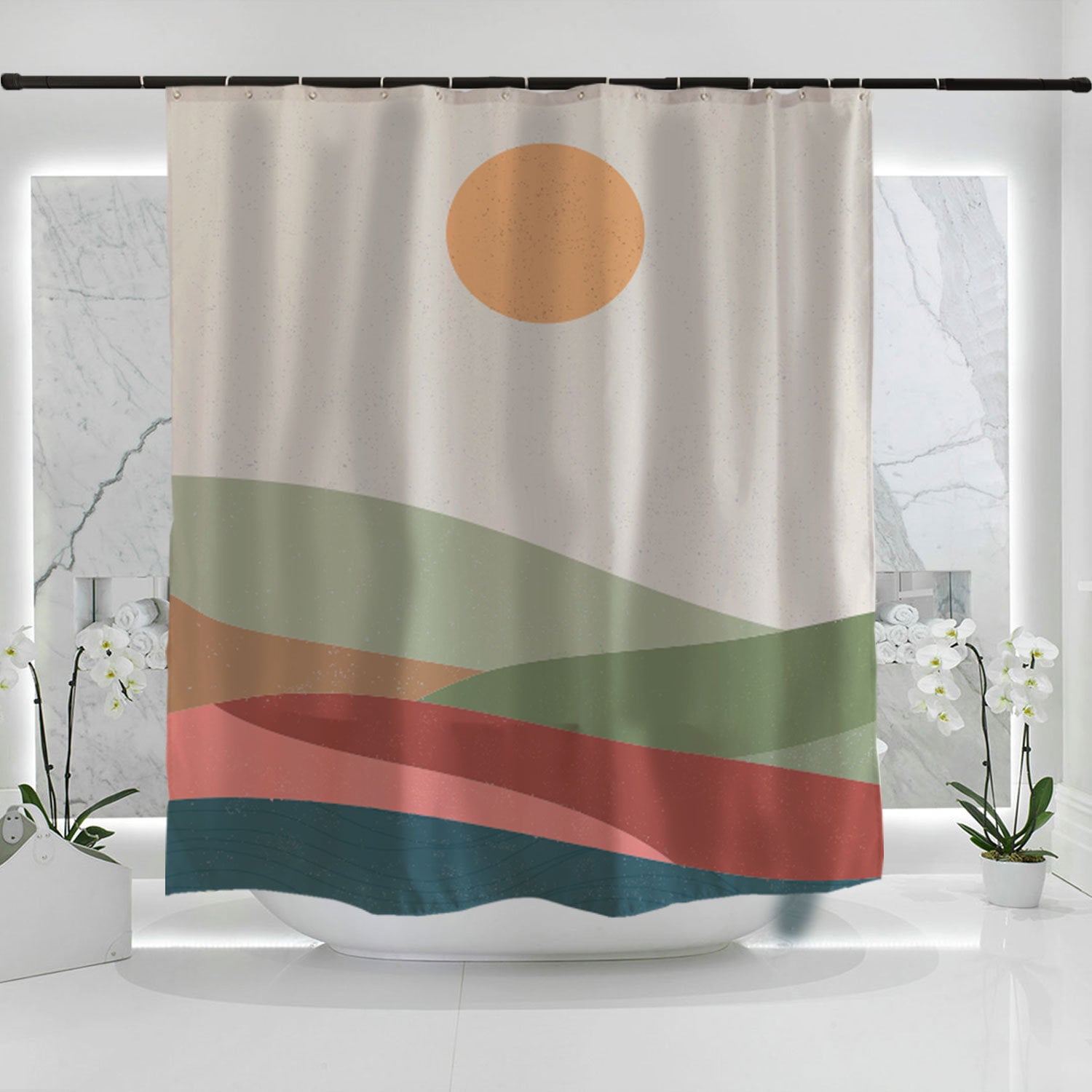 Sun and Montain Cream Sky Field Shower Curtain - Modern Art Landscape Design - Waterproof Heavy Quality Curtains - Image 2