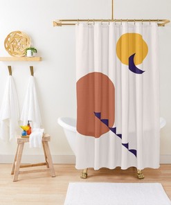 Sun and Moon Art Shower Curtain, Minimalist Boho Bath Decor, Eco-Friendly Material
