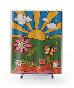 Sunburst Boho Shower Curtains, Groovy 60's 70's Hippie Bathroom Accessory with Retro Decor