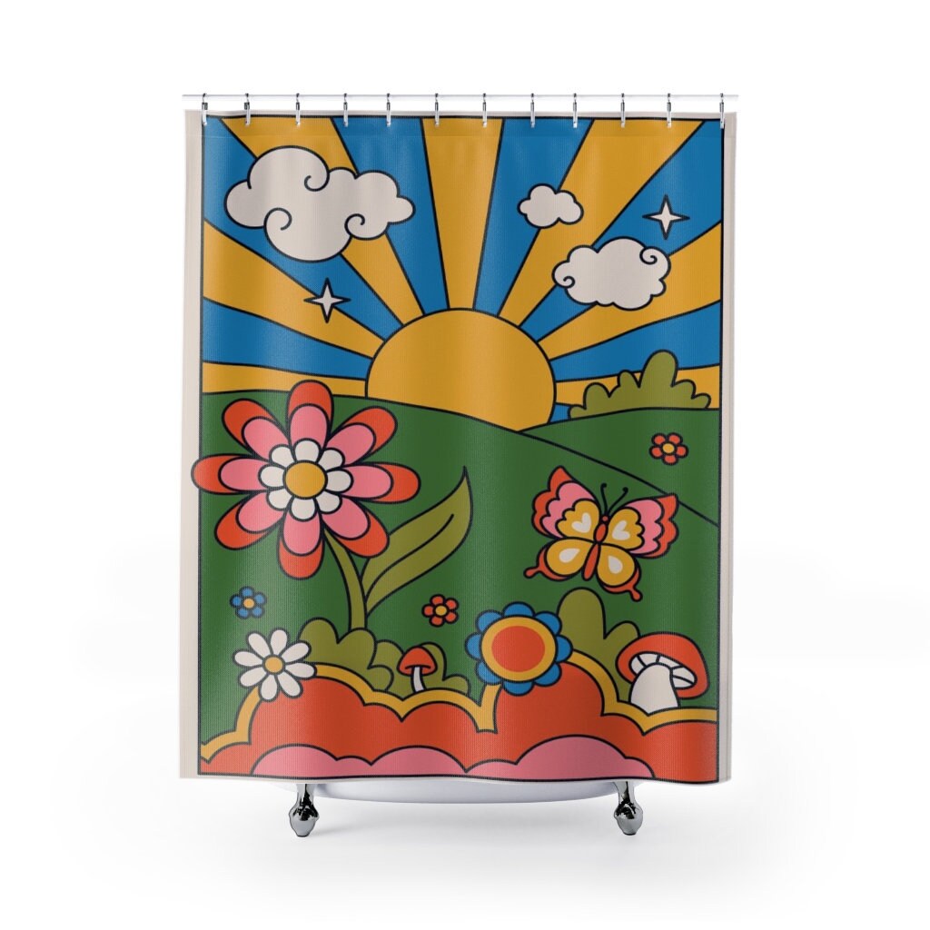 Sunburst Boho Shower Curtains, Groovy 60's 70's Hippie Bathroom Accessory with Retro Decor
