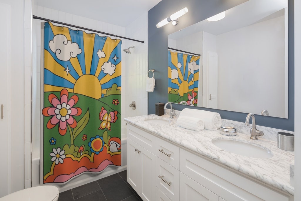 Sunburst Boho Shower Curtains, Groovy 60's 70's Hippie Bathroom Accessory with Retro Decor - Image 2