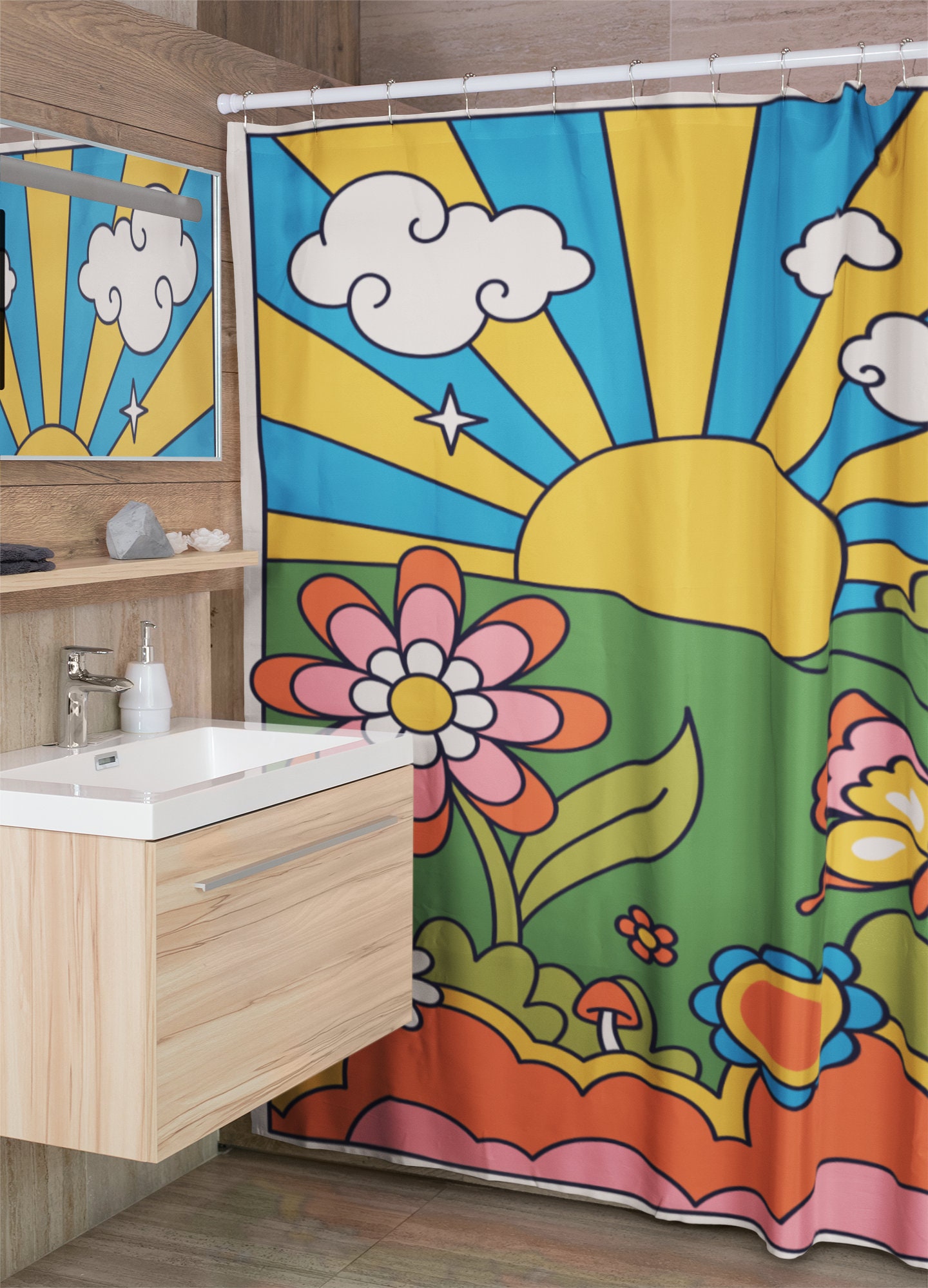 Sunburst Boho Shower Curtains, Groovy 60's 70's Hippie Bathroom Accessory with Retro Decor - Image 3