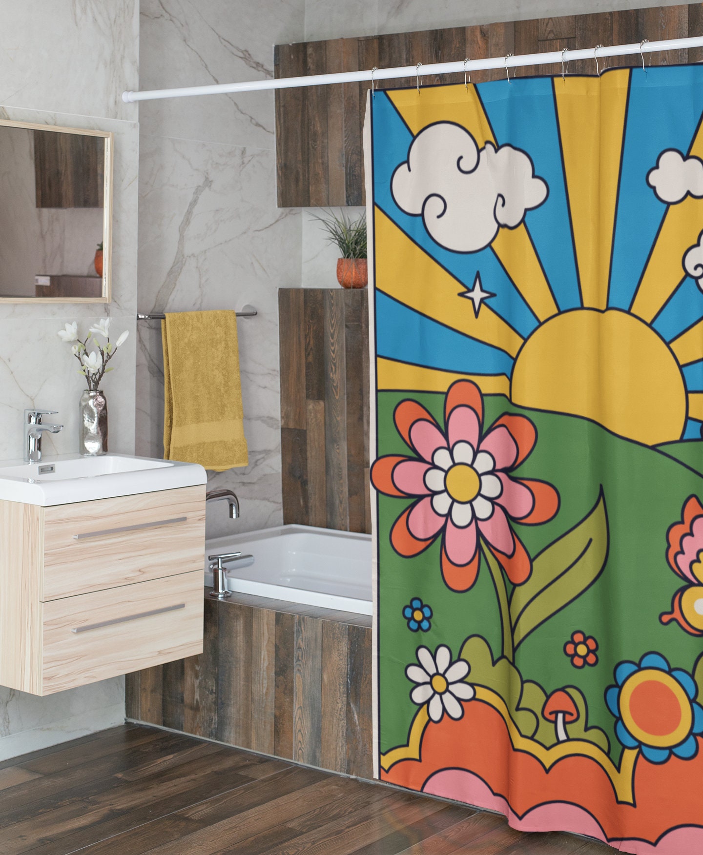 Sunburst Boho Shower Curtains, Groovy 60's 70's Hippie Bathroom Accessory with Retro Decor - Image 4