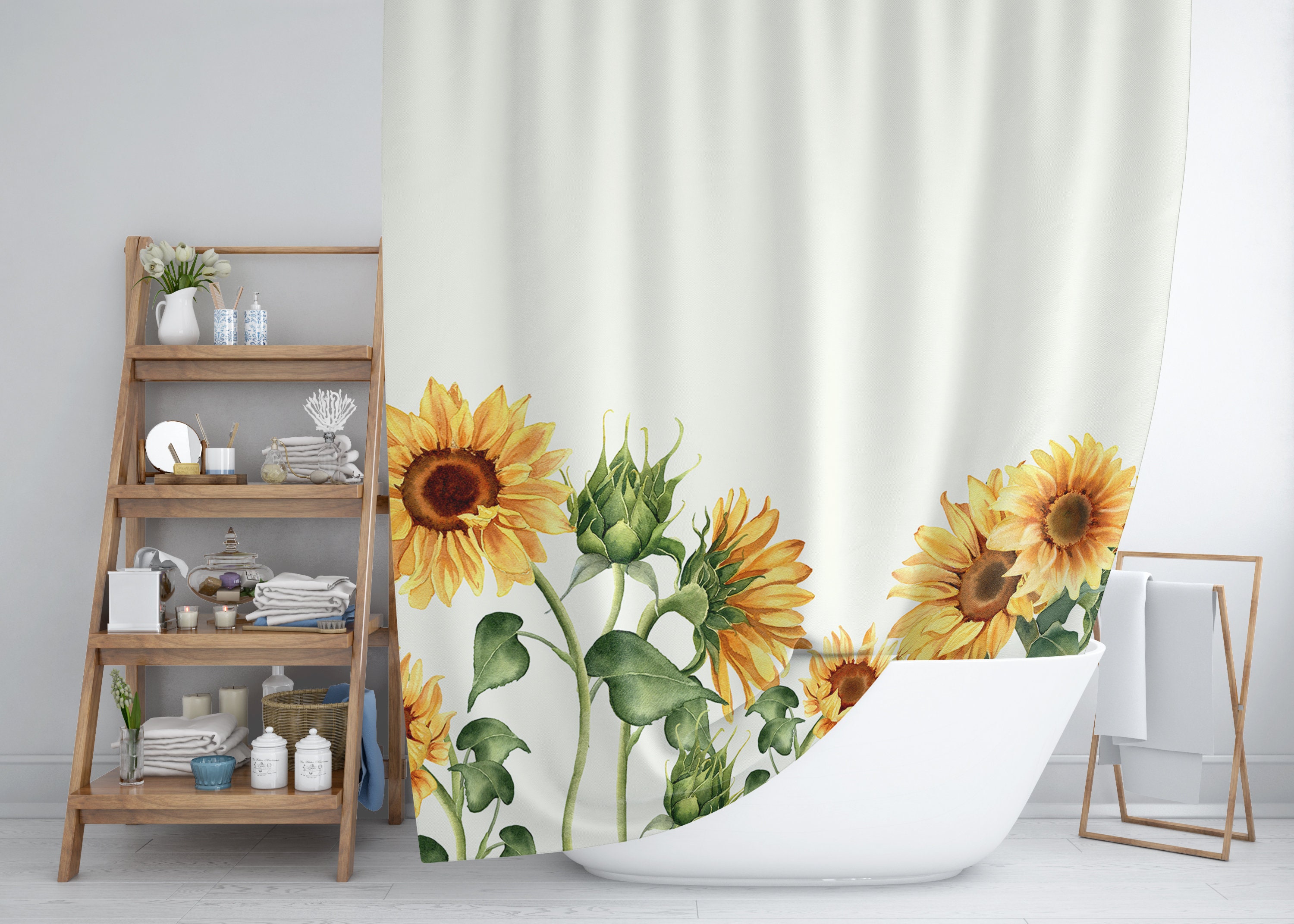Sunflowers Floral Shower Curtain | Yellow and Beige Bath Curtain | Waterproof Fabric | Home Bathroom Sunflower Decor