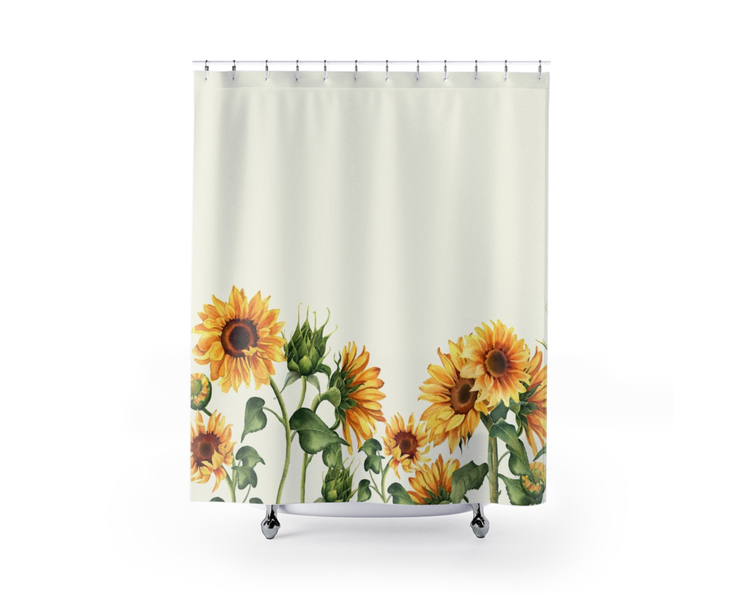 Sunflowers Floral Shower Curtain | Yellow and Beige Bath Curtain | Waterproof Fabric | Home Bathroom Sunflower Decor - Image 2