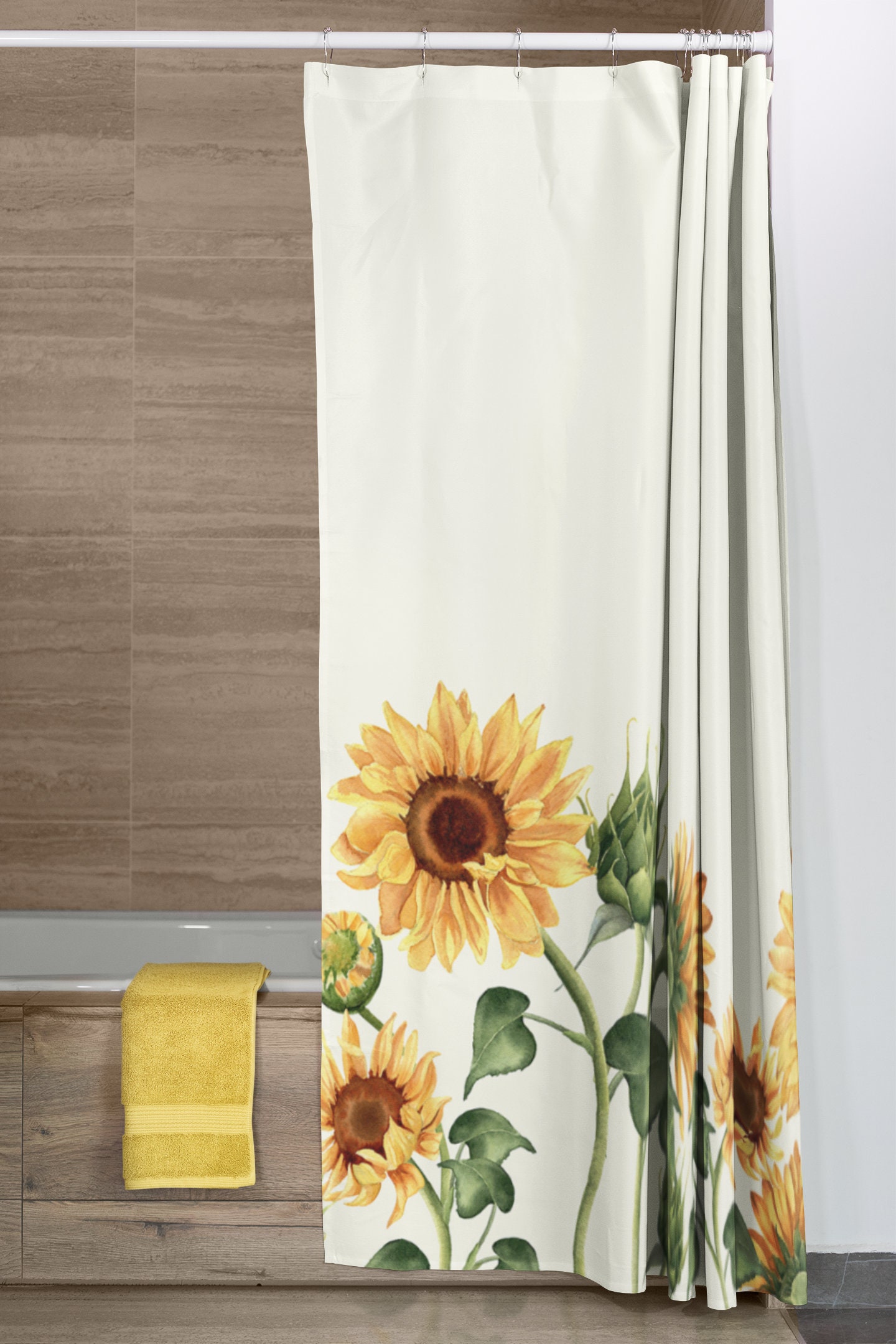 Sunflowers Floral Shower Curtain | Yellow and Beige Bath Curtain | Waterproof Fabric | Home Bathroom Sunflower Decor - Image 3