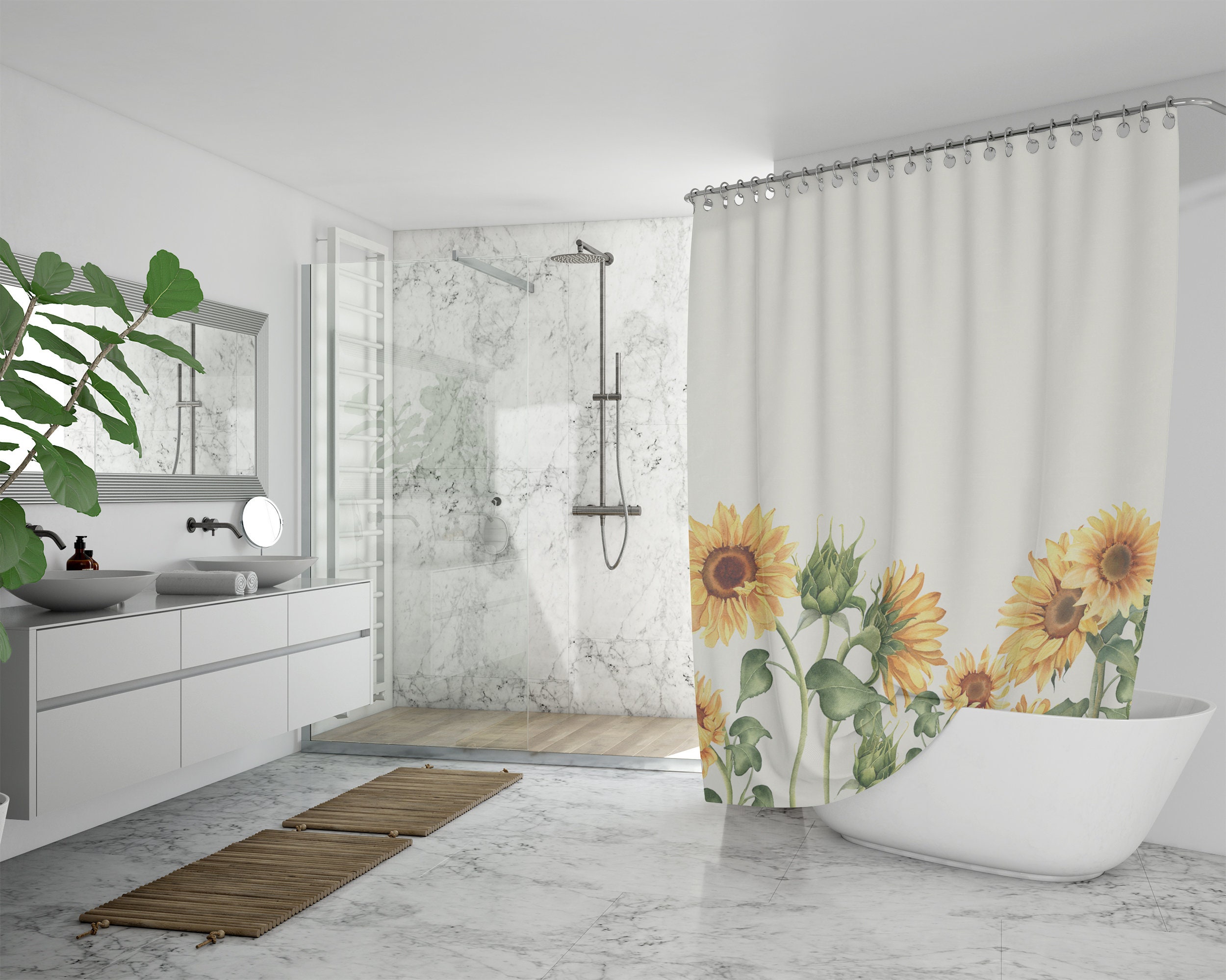 Sunflowers Floral Shower Curtain | Yellow and Beige Bath Curtain | Waterproof Fabric | Home Bathroom Sunflower Decor - Image 4