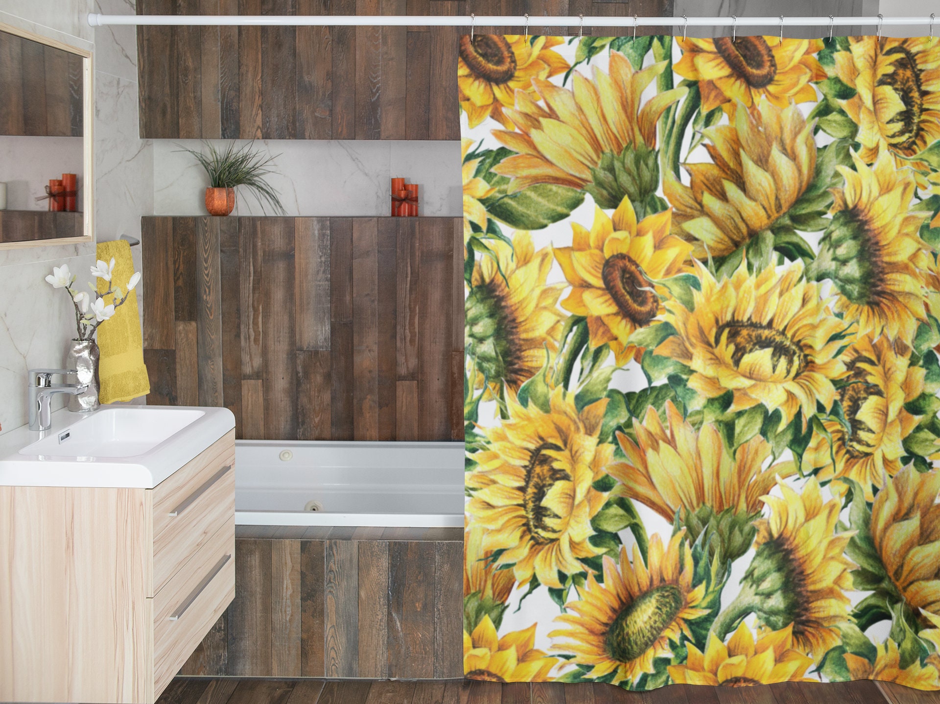 Sunflowers Shower Curtain, Beautiful Flower Design with Botanical Bathroom Curtain, Lovely Accessory for Farmhouse - Image 4