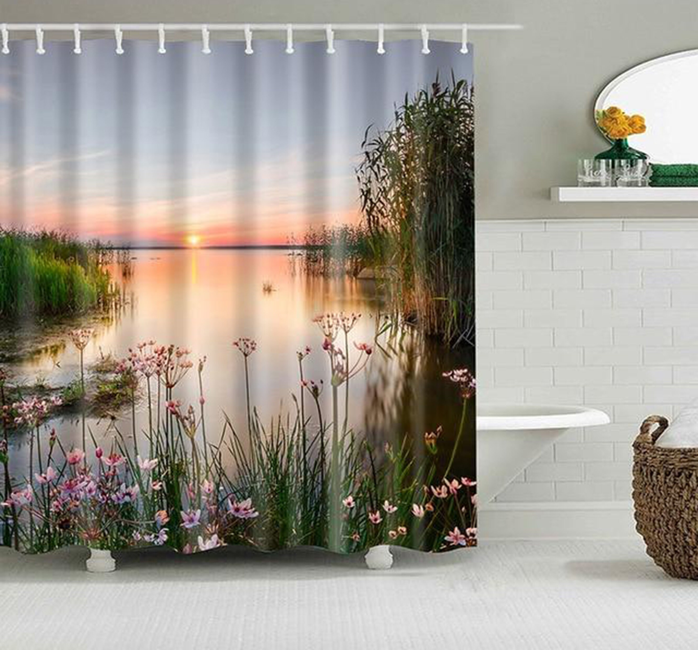 Sunrise Lake Shower Curtain | Scenic Morning Landscape | Home Bathroom Decor | Nature Theme | House Warming Gift
