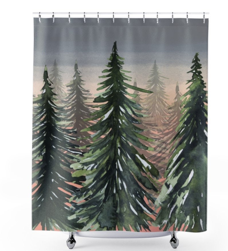 Sunset Woods and Pine Trees Shower Curtain | Bath Curtain, Green Forest, Woods, Home Bathroom Decor - Image 2