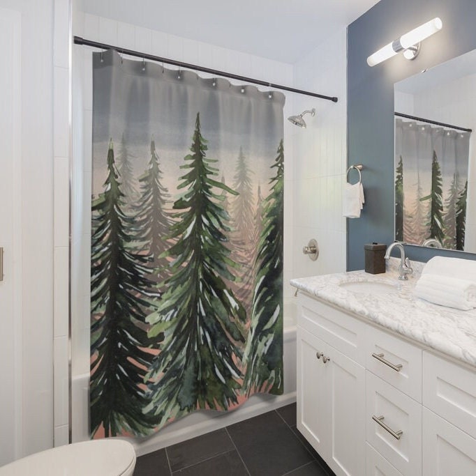 Sunset Woods and Pine Trees Shower Curtain | Bath Curtain, Green Forest, Woods, Home Bathroom Decor - Image 3