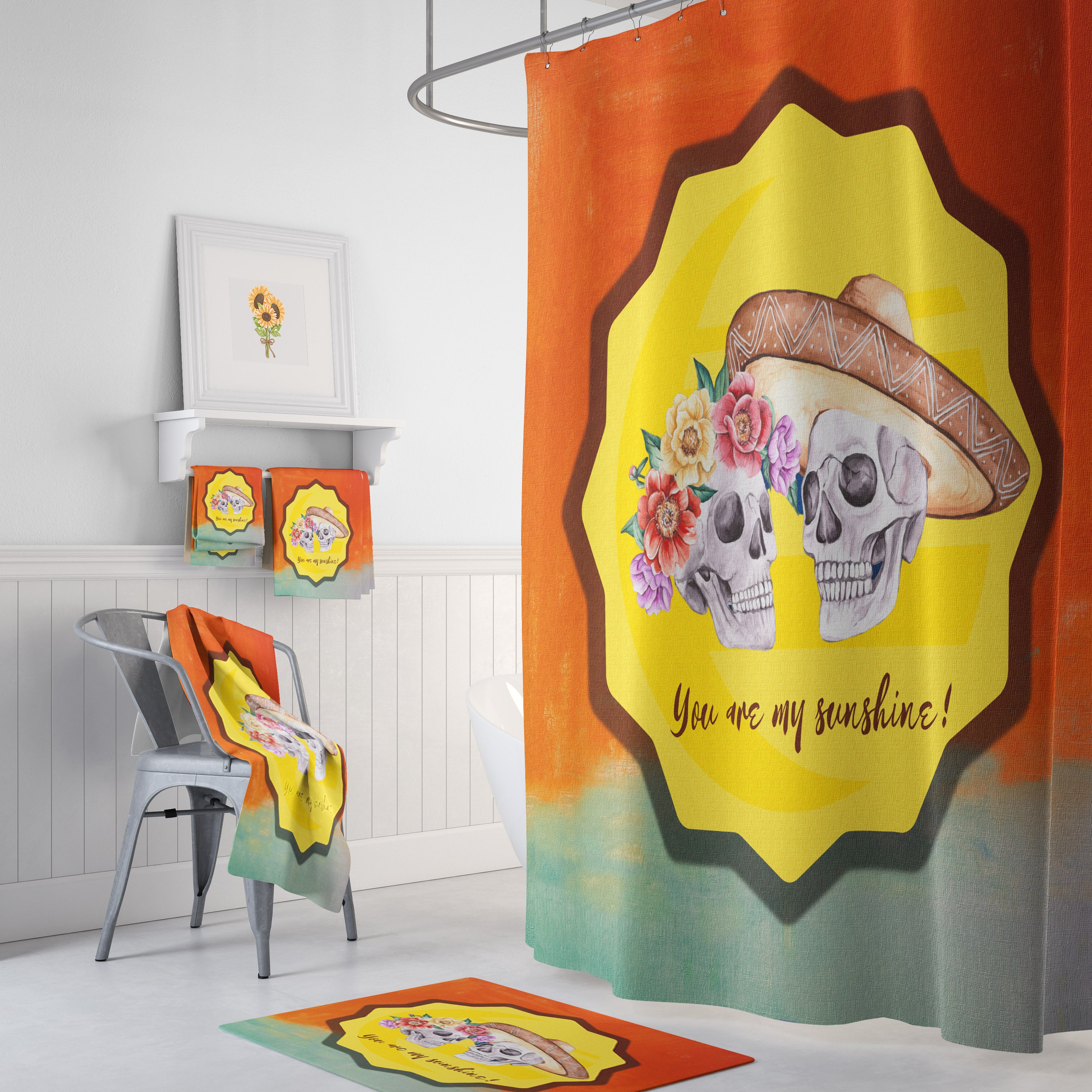 Sunshine and Skulls Shower Curtain Set with Optional Accessories