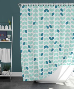 Swedish Danish Nordic Leaf Design Shower Curtain, Blue Leaves Retro Scandinavian Fabric Bathroom Curtain Mat