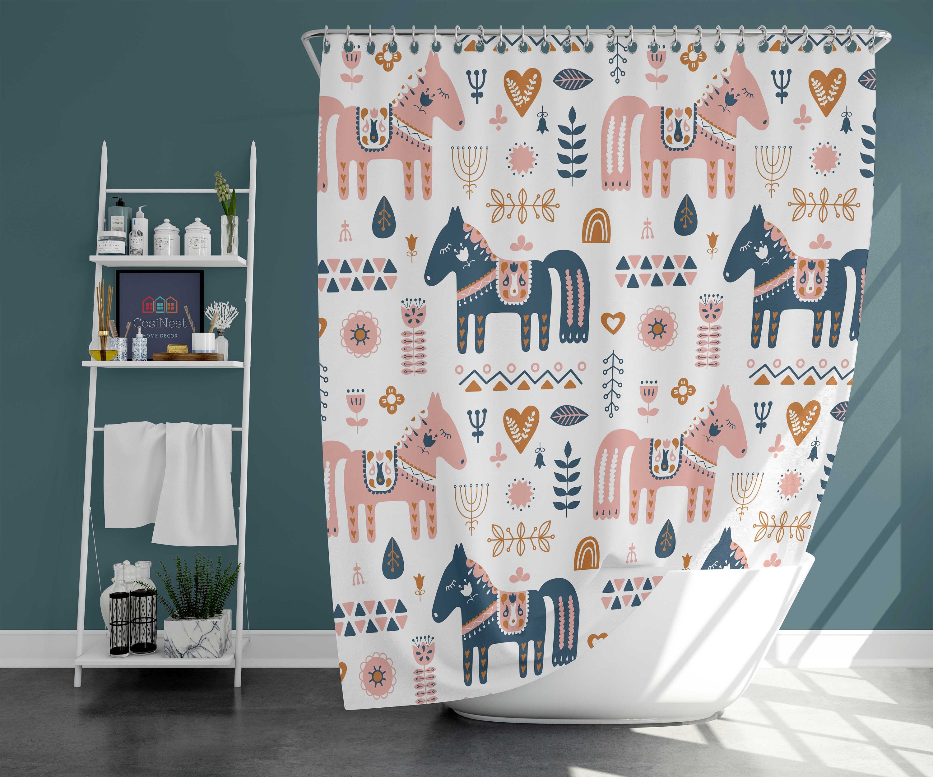 Swedish Forest Horses Shower Curtain | Dala Horse Nordic Animal, Bathroom Curtains and Mats | Home Bath Decor