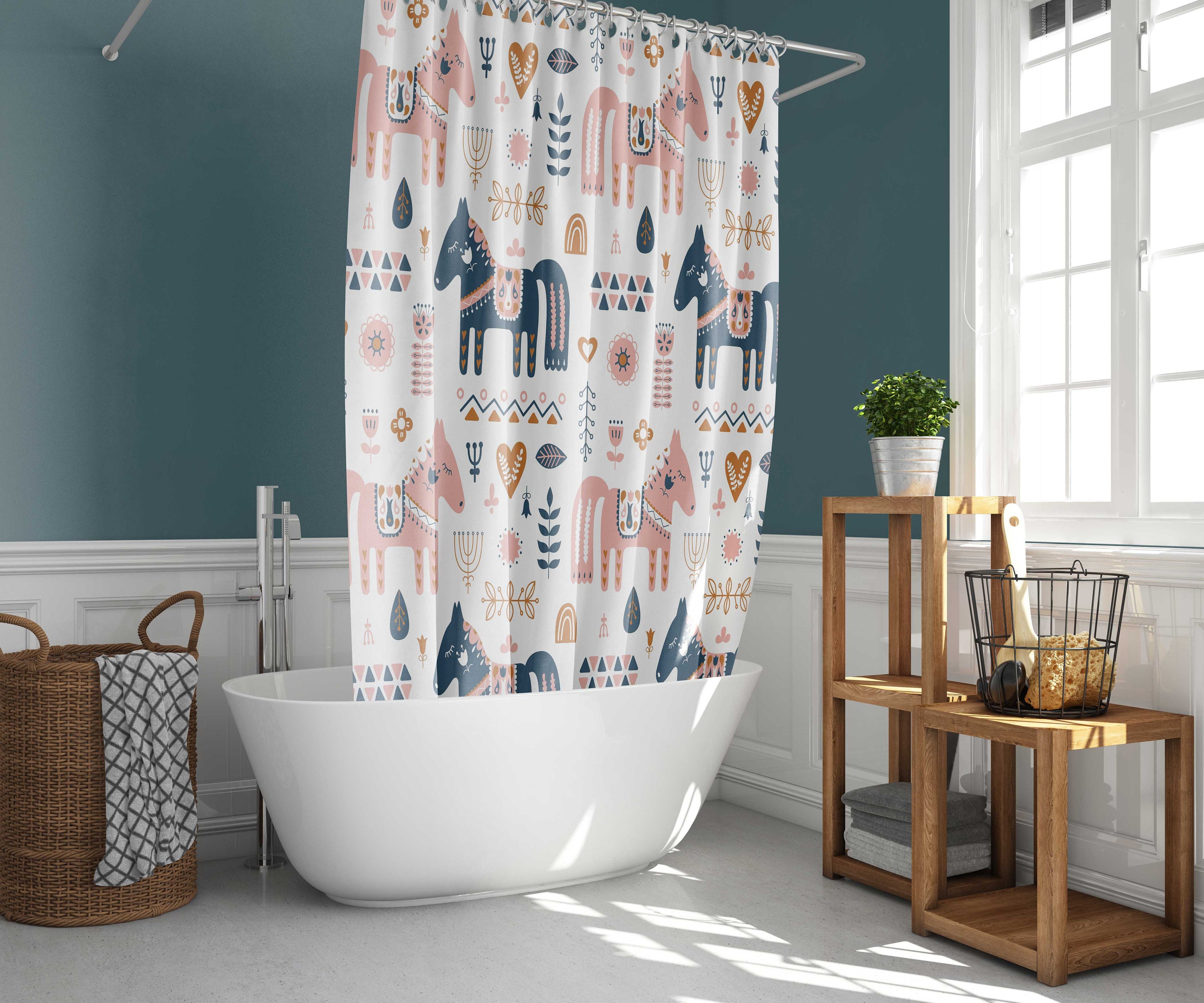 Swedish Forest Horses Shower Curtain | Dala Horse Nordic Animal, Bathroom Curtains and Mats | Home Bath Decor - Image 2