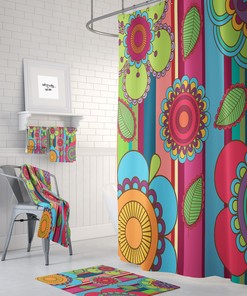 Talavera Floral Shower Curtain - Traditional Fabric Bath Curtain with Optional Towels and Mat for Rustic Bathroom Decor