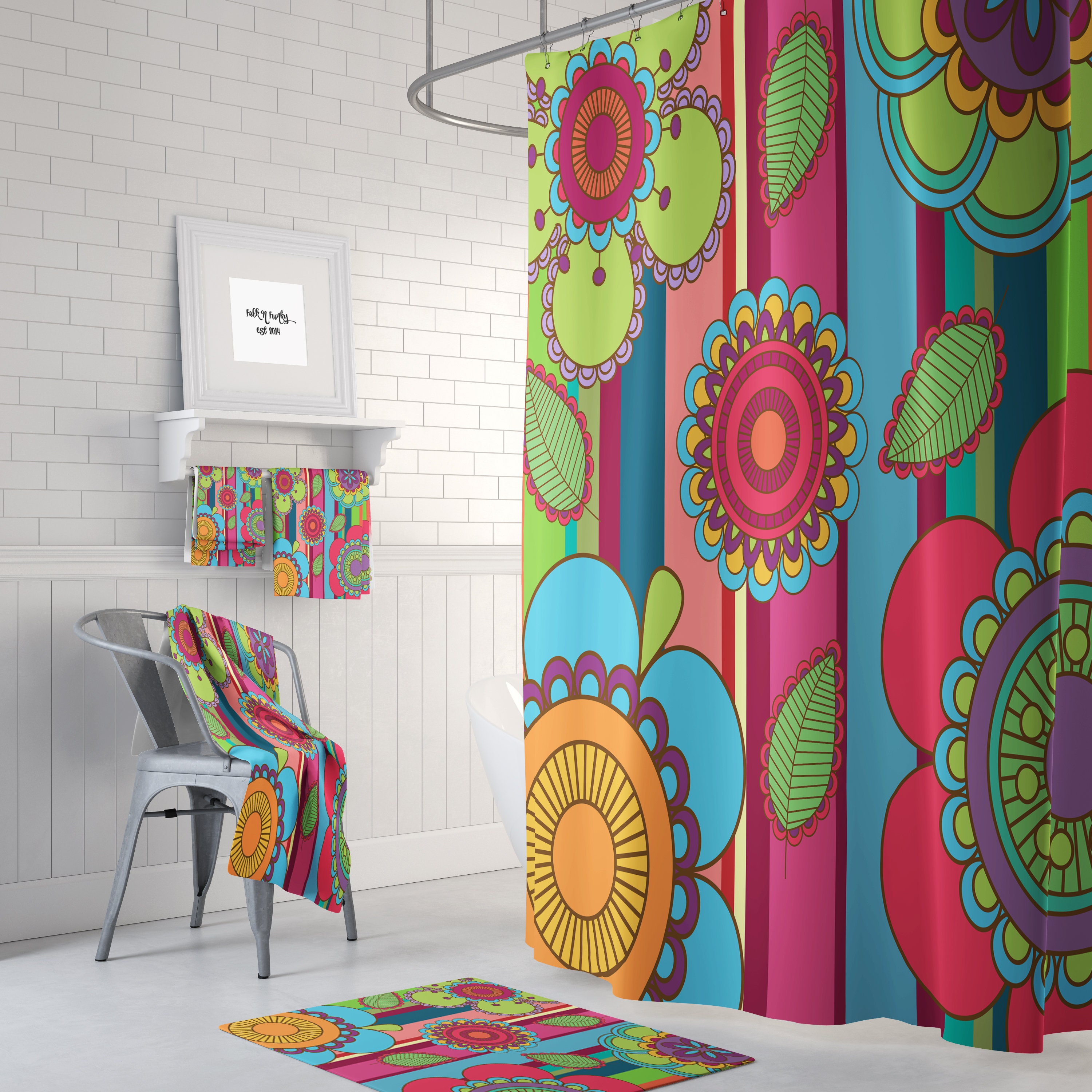 Talavera Floral Shower Curtain - Traditional Fabric Bath Curtain with Optional Towels and Mat for Rustic Bathroom Decor