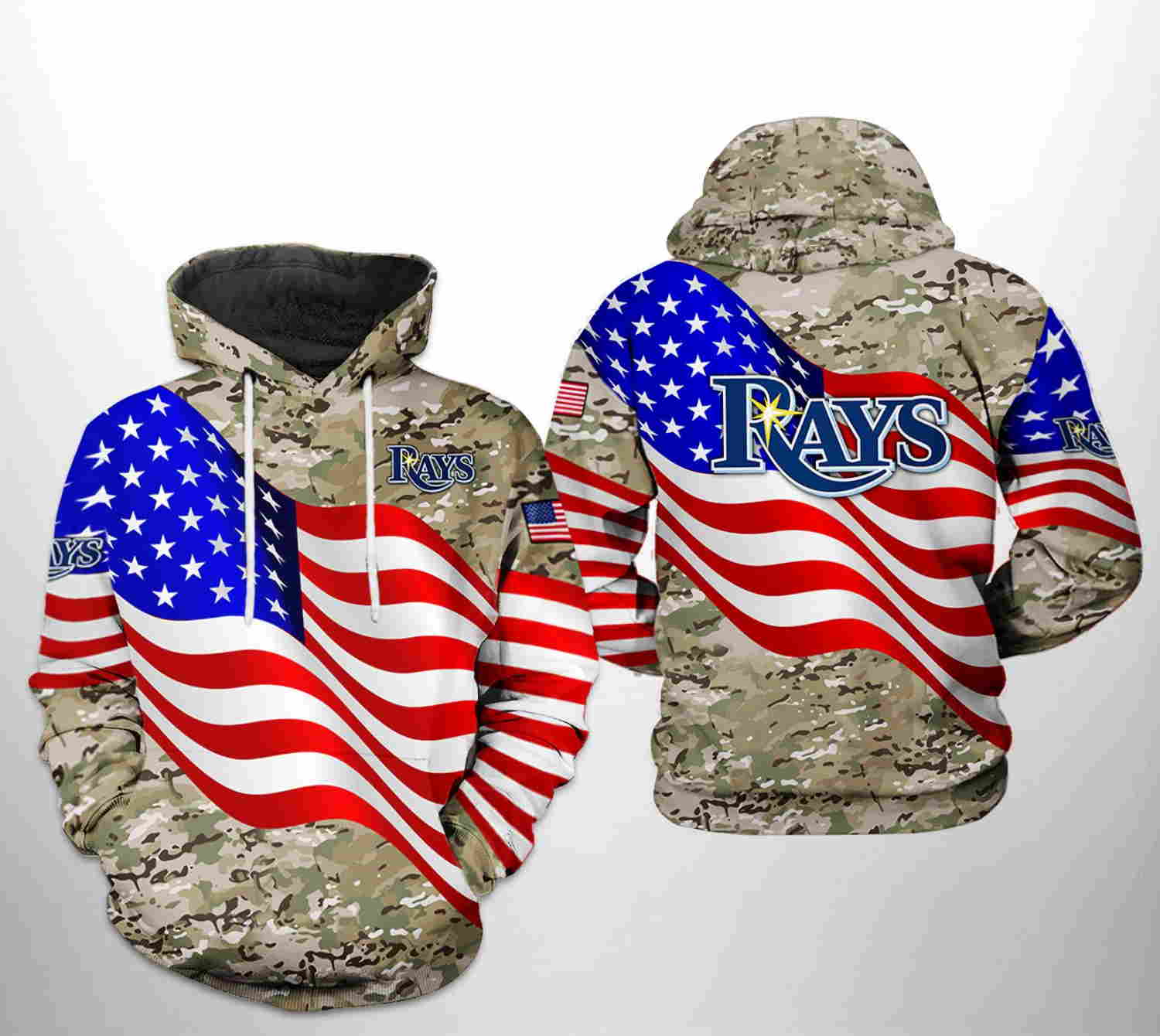 Tampa Bay Rays All Over Print US Flag Camo Veteran 3D Hoodie