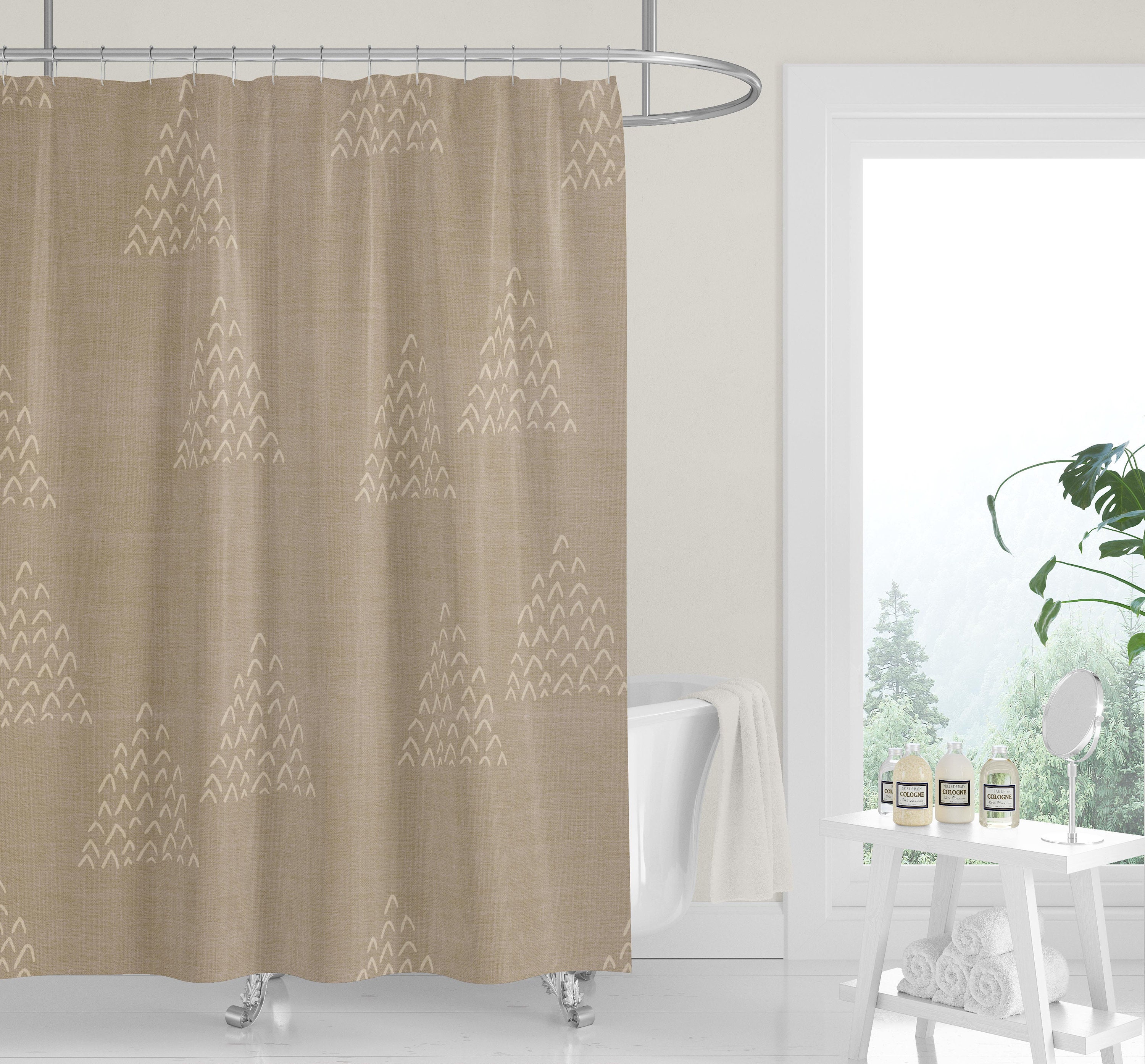 Tan Linen Look Print Desert Mountains Shower Curtain with Neutral Modern Minimalist Design, Perfect for Trendy Bathrooms